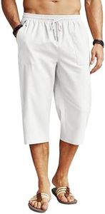 COOFANDY Mens Casual Linen Pants Capri White Below Knee Regular Fit 3/4 Pants Drawstring Summer Beach Yoga Pants