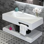 GESIPOR 32"x19" Wall Mount Bathroom Vanity with Sink Stone Resin Floating Vanity Sink Rectangular Vessel Sinks for Bathroom White Trough Art Basin with Shelf Layer