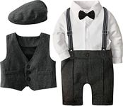 MOMBEBE COSLAND Baby Boy Suits Formal Outfit Tuxedo Clothes with Suspenders Set 9-12 Months Gray