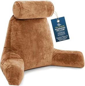Husband Pillow XXL Reading Pillow for Bed Backrest with Arms - Tan - Adult - Shredded Memory Foam, Ultra-Comfy Microplush Cover & Detachable Neck Roll - Unmatched Support Bed Rest Sit Up Pillow