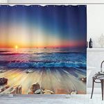 Lunarable Seascape Shower Curtain, Sunset View Beach Shore with Waves Surfing Theme Water Sports Rocks Boats Scenery, Cloth Fabric Bathroom Decor Set with Hooks, 69" W x 75" L, Orange Blue