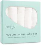 Natemia Muslin Baby Washcloths for Newborn - Premium Wash Cloths for Babies, Super Absorbent and Ultra Soft Rayon Made from Bamboo, 6 Layer Baby Girl and Baby Boy Washcloths, 5 Piece Set