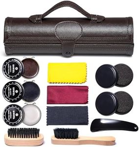 YUET Shoe Polish Kit Cleaning Shine Care Barrel Set For Brown Black Leather With Brush Travel Case Luxury Premium Soft Horsehair Bristle Dauber, Wooden Applicator, Shoehorn, Cloth 12 Piece Brown