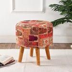 NACIA Printed Ottoman Upholstered Foam Cushioned Pouffes Puffy Stool for Living Room Sitting Muddha Wooden Velvet Pouf Stool for Foot Rest, Home Decor Dressing Table Stool, 16x16x17 Inches, Beige