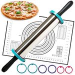 Rolling Pin - Perfect Non-Slip Silicone Baking Pastry Mat - Best Non Stick Stainless Steel Roller with Thickness Rings for Dough, Pizza, Pastry, Pie, Pasta and Cookies - Rolling w/Handles