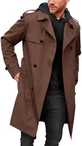 Pretifeel Mens Trench Coat Slim Fit Double Breasted Long Jacket Notched Lapel Belt Fall Windproof Coat, Brown, Small