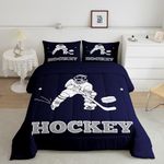 Feelyou Hockey Player Comforter Set Twin Size Ice Hockey Comforter for Kids Teens Adults Puck Hockey Bedding Set Winter Sports Blue Duvet Set Room Decor 2Pcs with 1 Pillow Case