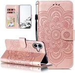 EYZUTAK Case for iPhone 16 Plus, Premium PU Leather Magnetic Closure Flip Wallet Phone Case with Card Holder Cash Slot Stand Function Embossed Mandala Flower Shockproof Lanyard Cover - Rose Gold