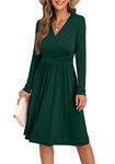 GRECERELLE Womens Autumn Wrap Dress Ladies Casual Long Sleeve V-Neck Midi Dresses for Women (Dark Green, L)