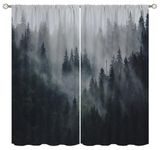 Foggy Mountains Forest Blackout Curtains Home Decor,Watercolor Landscape Green Tree Rod Pocket Thermal Insulated Drapes Darkening Window Curtain for Girls Boy Bedroom Living Room 42 x 63 Inch