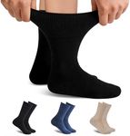 Forcool Merino Wool Crew Diabetic Socks, Loose Top Extra Wide Non-Binding and Cushioned for Men and Women, Black+Khaki+Denim blue, Medium, 3 Pairs
