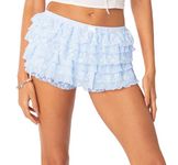 WangsCanis Women Y2K Lolita Bloomers Lace Ruffle Layered Pumpkin Shorts Frilly Boy Shorts Coquette Panties(Bow Blue,Small)