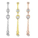 Stainless Steel Belly Button Rings 14G, 3pcs Belly Rings for Women Sexy Chain Dangle with Cubic Zirconia