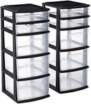 Homz Plastic 5 Clear Drawer Medium Home Closet Organizer Storage Container Tower with 3 Large Drawers and 2 Small Drawers, Black Frame