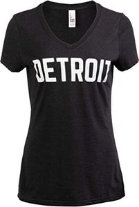 Ann Arbor T-shirt Co. Detroit | Classic Retro City Black Detroiter 313 Cool Michigan Women V-Neck T-Shirt Top-(BlackV,L)