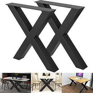 VEVOR Set of 2 Steel Table Legs, 28''Height 31''Wide Dining Table Legs, Heavy Duty 3.1" Square Box Section X Frame Table Legs, 28x31x3.1 Inch Black Color Industrial Country Style Metal Dining Legs
