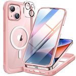 Miracase Magnetic Case for iPhone 15 Case 6.1-Inch, Full Body Bumper Clear Back Cover Compatible with MagSafe and Built-in 9H Tempered Glass Screen Protector + Camera Lens Protector (Pink)