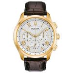 Bulova Classic Chronograph Men's Watch, Stainless Steel with Brown Leather Strap, Gold-Tone (Model: 97B169)