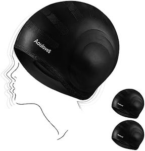 Aouloves 2 Pack Unisex Swim Caps with 3D Ear Protection, Durable Silicone Swimming Caps for Women Men Adults Youths Kids, Easy to Put On and Off