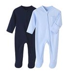 BINIDUCKLING Unisex Infant 2-Pack Cozy Footed Pajamas Outfits Newborn Baby Boy Girl's Solid Colors Cotton Onesies Sleepsuit Rompers,Navy+LBlue,6 Months