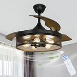 Depuley 42" Industrial Ceiling Fan with Lights and Remote, Chandelier Fan with 3 Retractable Blades, Black Cage Ceiling Fan for Bedroom, Kitchen, Dining Room, 4 Timing, 3 Speed, 5*E26 Base(No Bulbs)