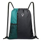 Drawstring Backpack Sports Bag Women Gym Bag Mens Large Travel Beach Swim Bag with Zipper and Mesh Pockets PE Bag Pack for Boys Girls Unisex Black & Teal