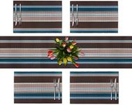 CK Home Modern Table Runner and 4 Placemats for Dining Table- Set of 5. Durable for Outdoor or Indoor Kitchen. Easy to Clean and Store. Color-Teal/Brown