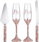 Sratte 4 Pcs Wedding Champagne Flutes and Cake Knife Server Set Include 2 Toasting Crystal Rhinestone Champagne Flutes Glasses Cake Knife Pie Server Wedding Gifts for Wedding Couple Bride and Groom