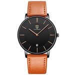 Watch, Men & Women Watch, Minimalist Fashion Simple Wrist Watch Analog Date with Leather Strap Orange Black