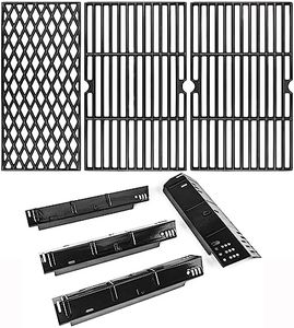 Hisencn Grill Replacement Part for Dyna Glo DGH450CRP 4 Burner Grill, 4-Pack Porcelain Steel Heat Tents, 3-Pack Cast Iron Cooking Grates for Dyna-Glo Repair Kit