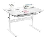 PrimeCables Kids Desk, Ergonomic Height Adjustable Study Writing Desk with Drawer, 37.4 x 26-inch Tiltable Top 0°-40° for Children Studying, Drawing, School Workstation - Grey