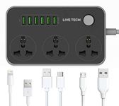 Live Tech PS06 with Free 3PC Charging Cables 6 USB 3 Universal Sockets 3.4A Smart Spike Power Strip Auto-ID USB with Extension Cord 2mtr with USB Port and Surge Protector Ports with Indicator(1 Year)