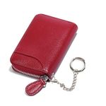 RFID Blocking Leather Wallet Excellent Genuine Leather Credit Card Holder Ladies Small Blocked Accordion Wallets with Stainless steel Zipper Compact Accordian ID Cards Bag with Keyring Wine Red