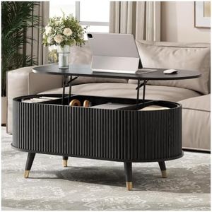 JOINICE 42.5" Oval Lift Top Coffee Table with Storage,Modern Black Center Table with Fluted Design, Solid Wood Legs & Hidden Compartment, Pop Up Coffee Table for Living Roomm