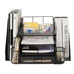 ZNMYDMT Mesh Desk Organizer with File Holder, 4-Tier Desk File Organizer with Magazine Holder, Mesh Paper Letter Tray Organizer with Sliding Drawers & Pen Holder for Office Supplies (Black)