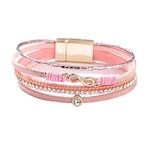 KunBead Jewelry Womens Pink Leather Wrap Bracelet Infinity Handmade Braided Boho Multilayer Magnetic Buckle Bracelet Wristband Cuff Bangle Birthday Gifts