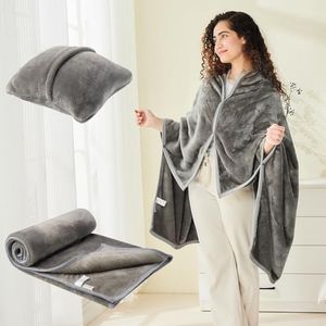 Mellowdy Shawl Blanket Pillow 2-in-1 for Office, Work from Home (Dark Grey, 40x60) - Wearable Adult Swaddle Snuggle Coat Poncho, Airplane Travel Blanket Set, Fleece Shoulder Wrap for Men and Women