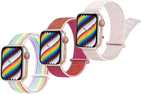 3-Pack Sport Loop Band Compatible for Kids Apple Watch Band 42mm(Series 10) 41mm 40mm 38mm, Nylon Braided Strap Bracelet for iWatch Series10/ 9/8/7/SE/SE2/6/5/4/3/2/1 for Boy Girl,Pink+Rainbow+Pomered