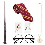 EGEKTBH Wizard Costume Accessories Set, 6 Pcs Halloween Cosplay Props Gifts Magic Wand Tie Necklace Eyeglass Frame for Kids and Adults Birthday Dress-Up Party