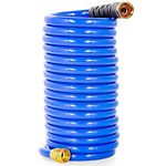 Camco 20’ Coiled Water Rust Resistant Brass Fittings, Hose Design Prevents Kinking and Tangling, for Car Washing and Gardening (41983)