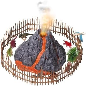 Volcano Dinosaurs Playset with 8 Jurassic Dinosaur Figures and Fence, Mist-spouting Volcano World Set - Dinosaur Toys for Kids - Mini Gift for Toddlers Ages 3+