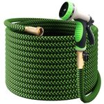 PowerFlow Garden Hose, NON-EXPANDABLE 100ft Premium Quality Stainless Steel Metal Water Hose with Durable Fabric Skin, Hose For Commercial, Residential Use, Bonus 10-way Spray Nozzle (100 Ft, Green)