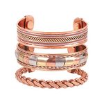 Touchstone Copper Healing Bracelet Tibetan Style. Hand Forged with Solid and High Gauge Copper Jewelry Cuff for Women Men. Combo of Different Designs, One Size, Copper and Brass, no gemstone