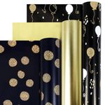 Birthday Wrapping Paper Rolls, 3 Rolls Navy Blue Black Matte Gold Foil Wrapping Paper, Gold Foil Dots and Balloon Gift Wrap for Birthday, Holiday, Party, 17 x 120 Inch, Mini Roll