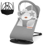 HKAI Baby Bouncer, Portable Baby Bouncer Seat for Babies 0-18 Months, 100% Cotton Fabrics, 3 Modes of use with Rocker and Stationary Options, Infant Rocker Chair with Hanging Toys-Light Grey