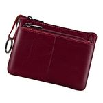 Genuine Leather Coin Purse Pouch Triple Zipper Card Holder Wallet with Key Ring,Wine Red