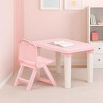 HAPPY BEAR Table and Folding Chair Set for Kids Strong & Durable Plastic Made Rectangle Table with Box Space for Stationery 3 Level Height Adjustable (Light Pink)