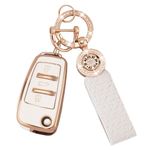 Koaudb Car Key Cover Fit for Audi A1 A3 A4 A6 A8 Quattro Q2 Q3 Q7 S3 S6 RS3 RS6 R8 TT TTS 3 Buttons with Keychain Lanyard White Gold Soft TPU Smart Car Key Shell Case (C-Ad-3)