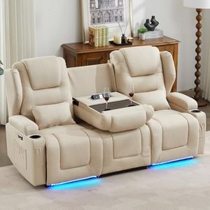 SAMERY Loveseat Recliner Sofa with Power Recline, Adjustable Split Back, Multi-Port Charger, Flip-Up Backrest & LED Lighting – Home Theater Seating with Storage, Cup Holders (Beige, 79.5" Loveseat)