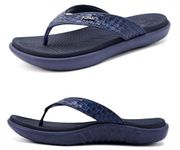 KuaiLu Flip Flops for Women Ladies Yoga Mat Comfortable Sport Walking Thong Sandal With Plantar Fasciitis Arch Support Slip-on Slides Indoor Outdoor For Summer Size 7 Dark Blue